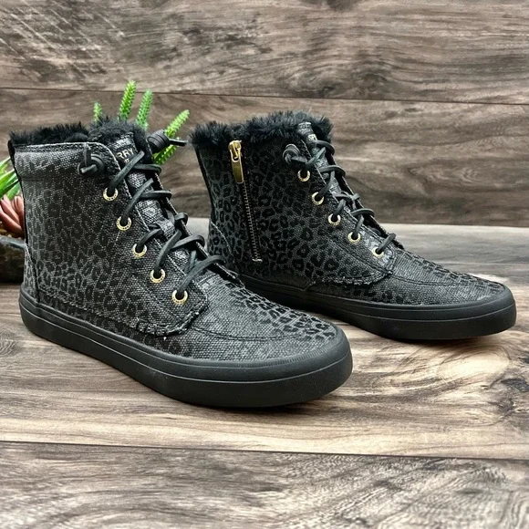 NIB Sperry Crest Vibe Canvas High Top Sneaker Black Animal Print Textile - Picture 5 of 13